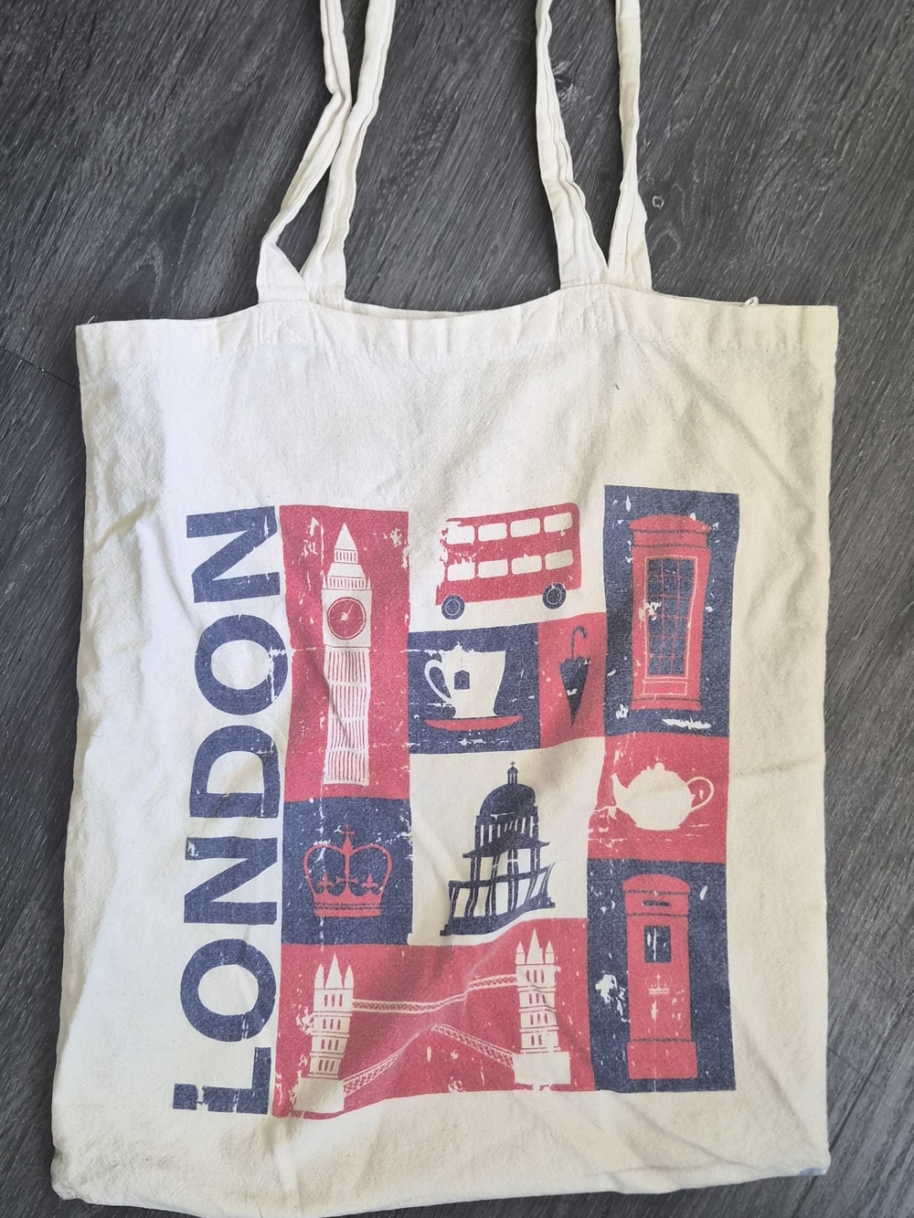 London Icon Canvas Tote Bag. Beige with Red & Navy Print